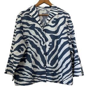 Connie Roberson Lagenlook Linen Blue White Zebra Print Jacket Top Made in USA XL